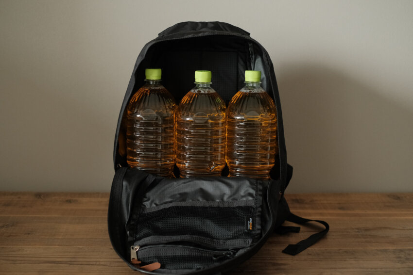 グレゴリーファインデイに2Lペットボトルを3本収納している様子